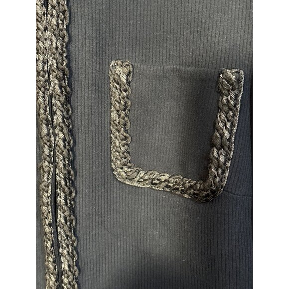 J.McLaughlin Navy Blue Ribbed Knit Jacket With Braided Trim Open Front 4 Pockets - Picture 3 of 6